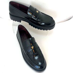 Tory Burch Women Black Lug Loafers Gold Logo Leather Shoes Size 9.5